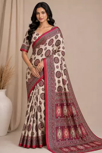 white-red digital printing with original mirror dola silk saree