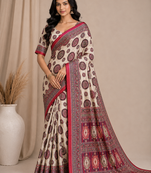 white-red digital printing with original mirror dola silk saree