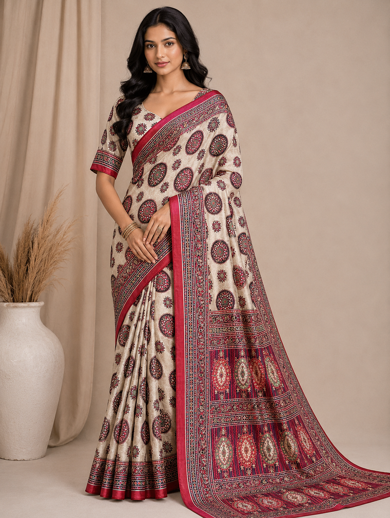 white-red digital printing with original mirror dola silk saree
