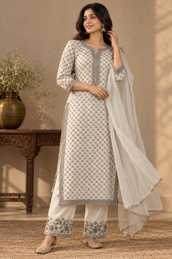White faux georgette embroidered kurta set