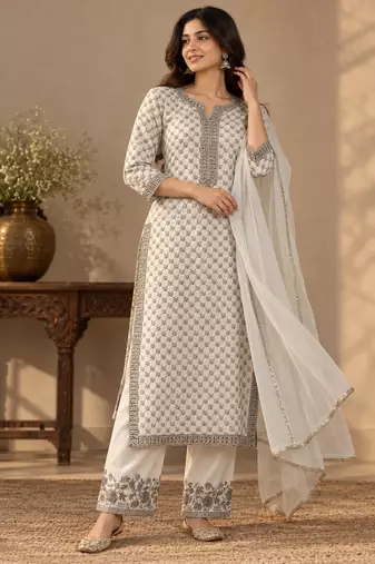 White faux georgette embroidered kurta set
