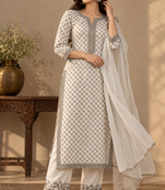 White faux georgette embroidered kurta set