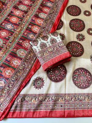 white-red digital printing with original mirror dola silk saree 2