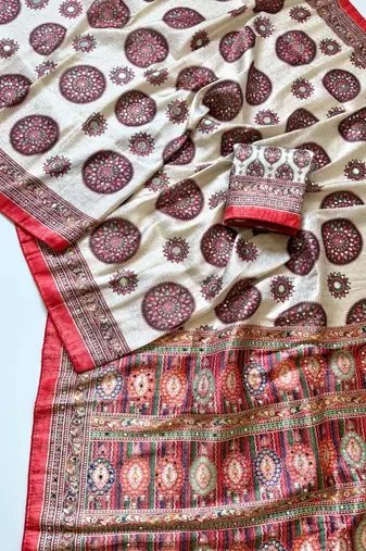 white-red digital printing with original mirror dola silk saree