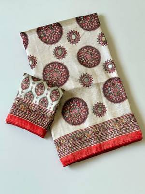 white-red digital printing with original mirror dola silk saree 4