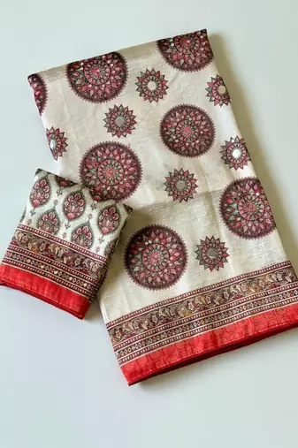 white-red digital printing with original mirror dola silk saree