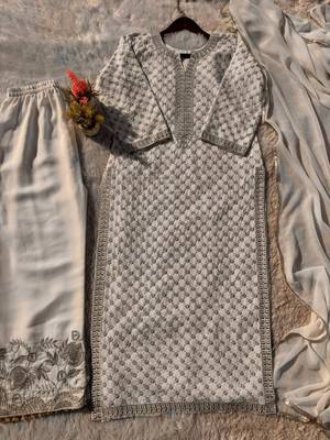 White faux georgette embroidered kurta set 2