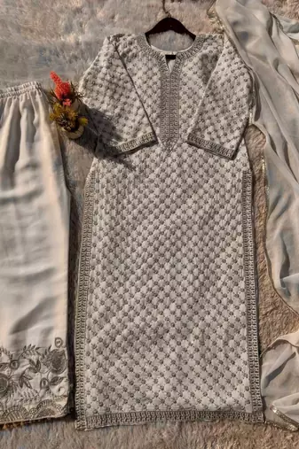 Cream faux georgette embroidered kurta set