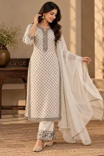 White faux georgette embroidered kurta set
