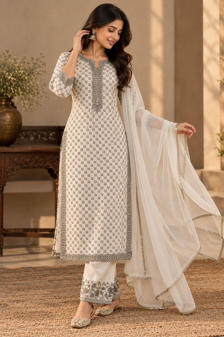White faux georgette embroidered kurta set