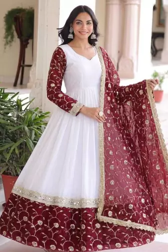 White chiffon embroidered gown set