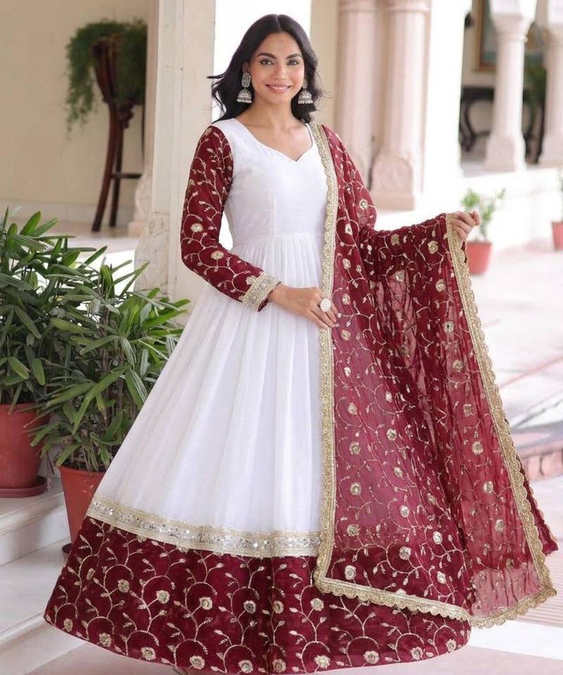 White chiffon embroidered gown set