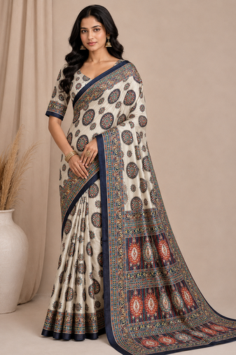 white-black digital printing with original mirror dola silk saree