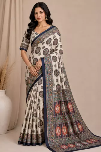 white-black digital printing with original mirror dola silk saree