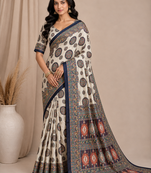 white-black digital printing with original mirror dola silk saree