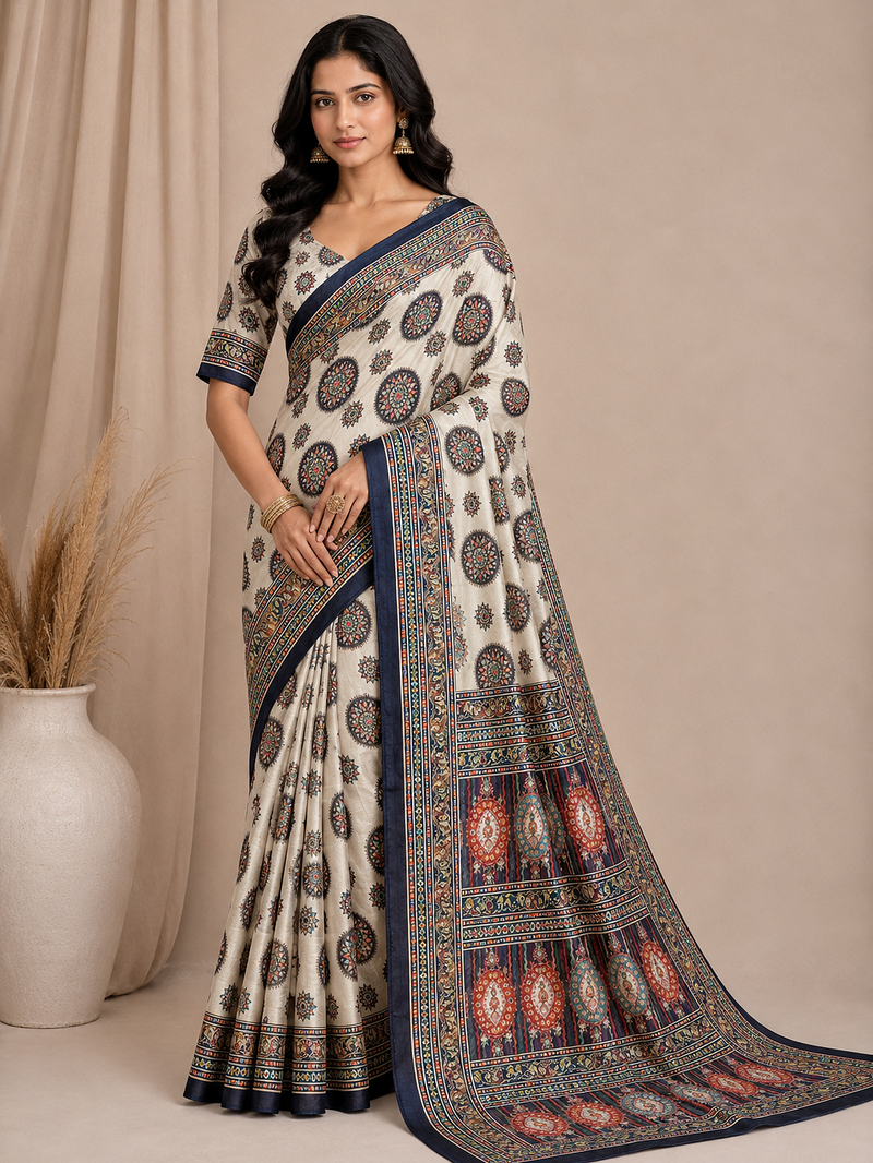 white-black digital printing with original mirror dola silk saree