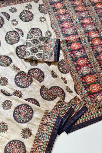 white-black digital printing with original mirror dola silk saree