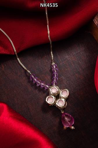 silver tone pink kundan necklace