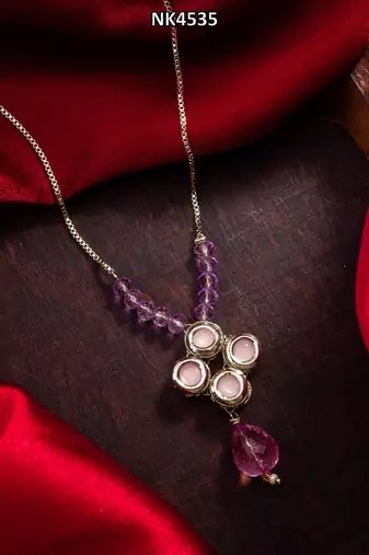 silver tone pink kundan necklace