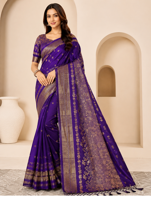 Purple Tassels Fumka On Pallu With Flower Veil And Beautiful Zomatri Flower georgettete Saree 1