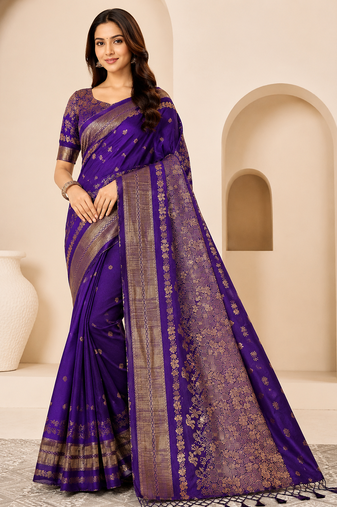 purple tassels on pallu with flower georgette saree