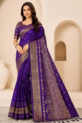 purple tassels on pallu with flower georgette saree