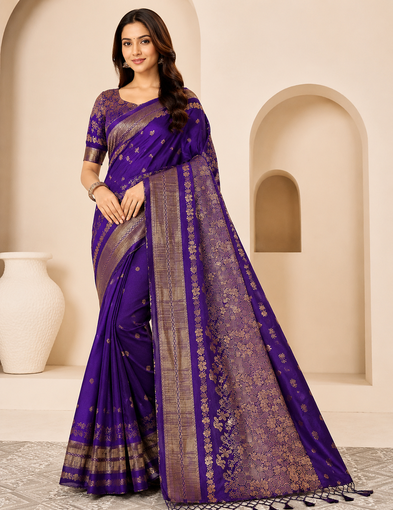 purple tassels on pallu with flower georgette saree