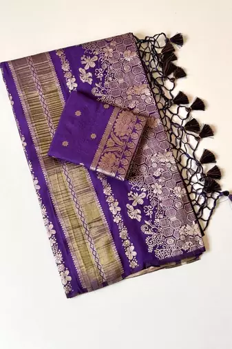 purple tassels on pallu with flower georgette saree