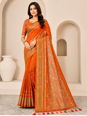 Orange Color Tassels Fumka On Pallu With Flower Veil And Beautiful Zomatri Flower georgettete Saree 1