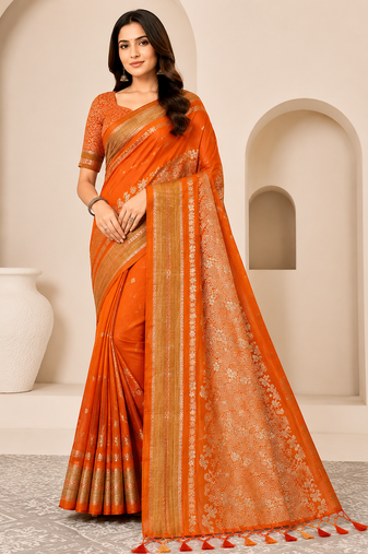 orange tassels on pallu with flower georgette saree