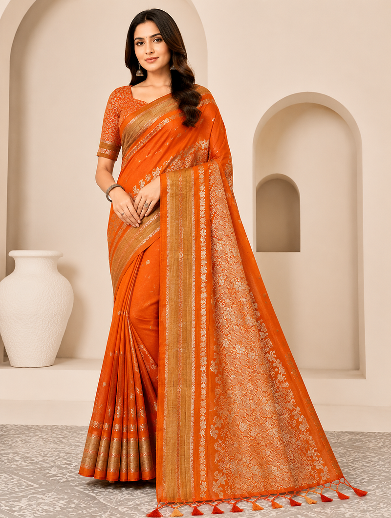 orange tassels on pallu with flower georgette saree