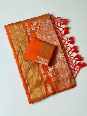 Orange Color Tassels Fumka On Pallu With Flower Veil And Beautiful Zomatri Flower georgettete Saree 3