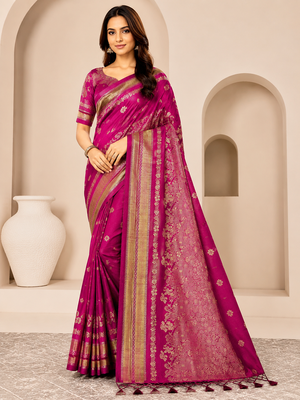 Pink Color Tassels Fumka On Pallu With Flower Veil And Beautiful Zomatri Flower georgettete Saree 1