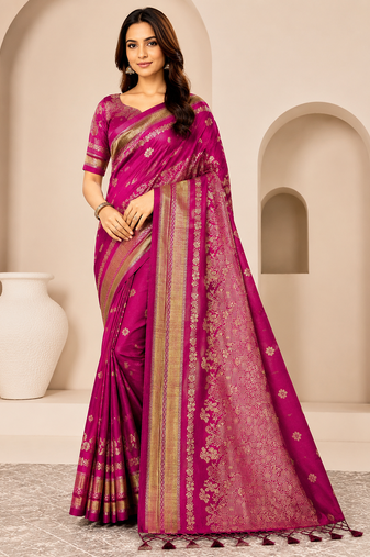 pink tassels on pallu with flower georgette saree