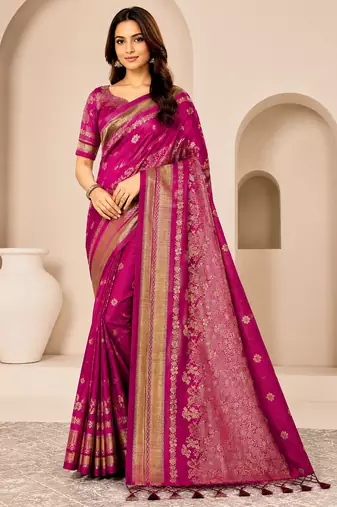 pink tassels on pallu with flower georgette saree