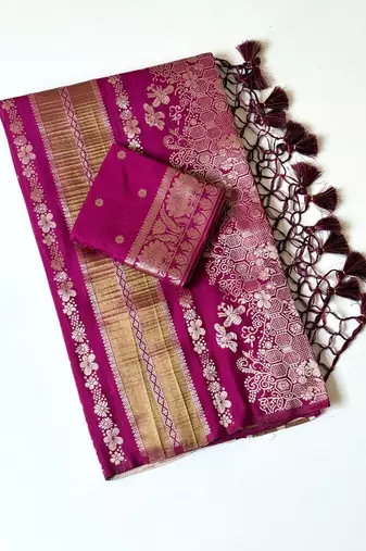pink tassels on pallu with flower georgette saree
