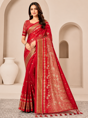 Red Color Tassels Fumka On Pallu With Flower Veil And Beautiful Zomatri Flower georgettete Saree 1