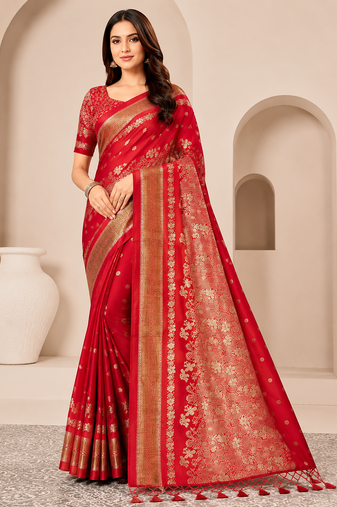 red tassels on pallu with flower georgette saree