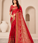 Red Color Tassels Fumka On Pallu With Flower Veil And Beautiful Zomatri Flower georgettete Saree