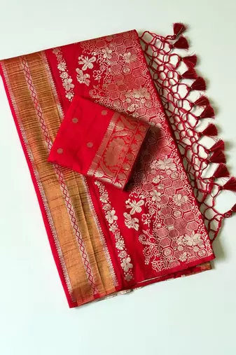 red tassels on pallu with flower georgette saree