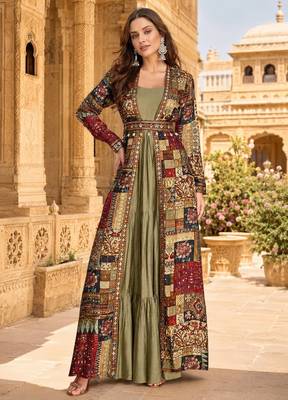 olive printed faux georgette anarkali salwar suit - free size 1