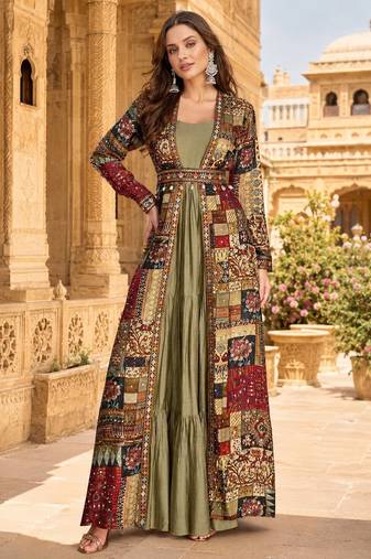 olive printed faux georgette anarkali salwar suit - free size
