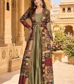 olive printed faux georgette anarkali salwar suit - free size