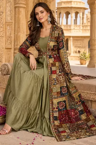 olive printed faux georgette anarkali salwar suit - free size