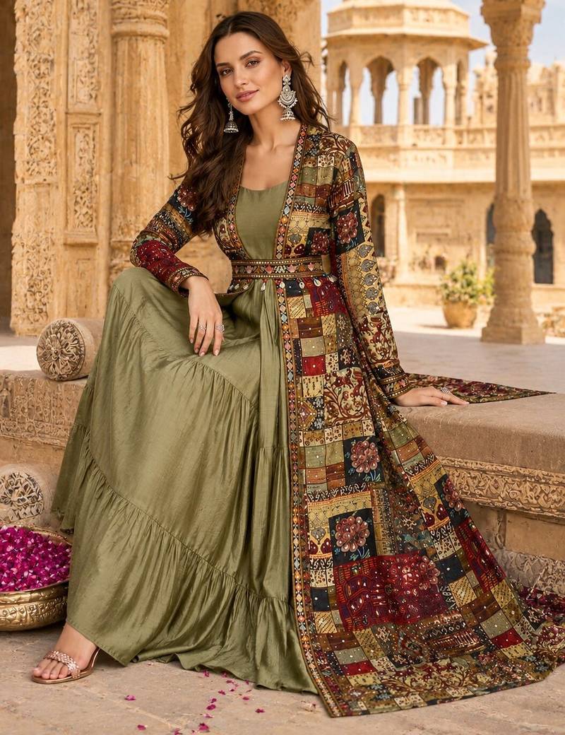 olive printed faux georgette anarkali salwar suit - free size