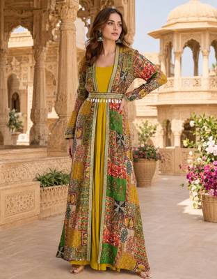 yellow printed faux georgette anarkali salwar suit - free size 1