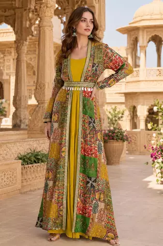 yellow printed faux georgette anarkali salwar suit - free size