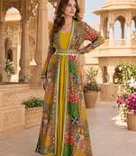 yellow printed faux georgette anarkali salwar suit - free size