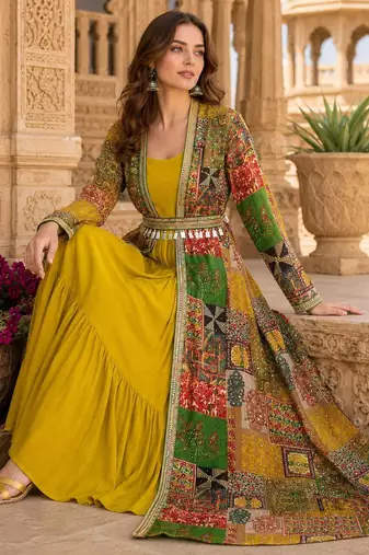 yellow printed faux georgette anarkali salwar suit - free size