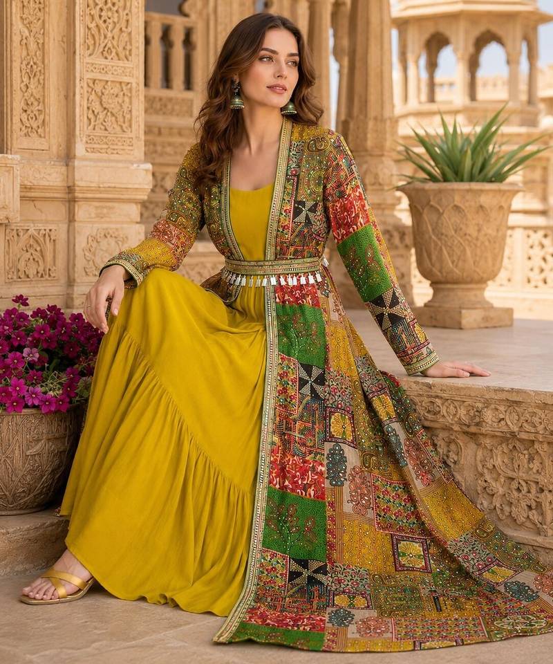 yellow printed faux georgette anarkali salwar suit - free size